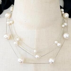 RMN The Roman Company White Beaded Triple Strand Tiered Necklace